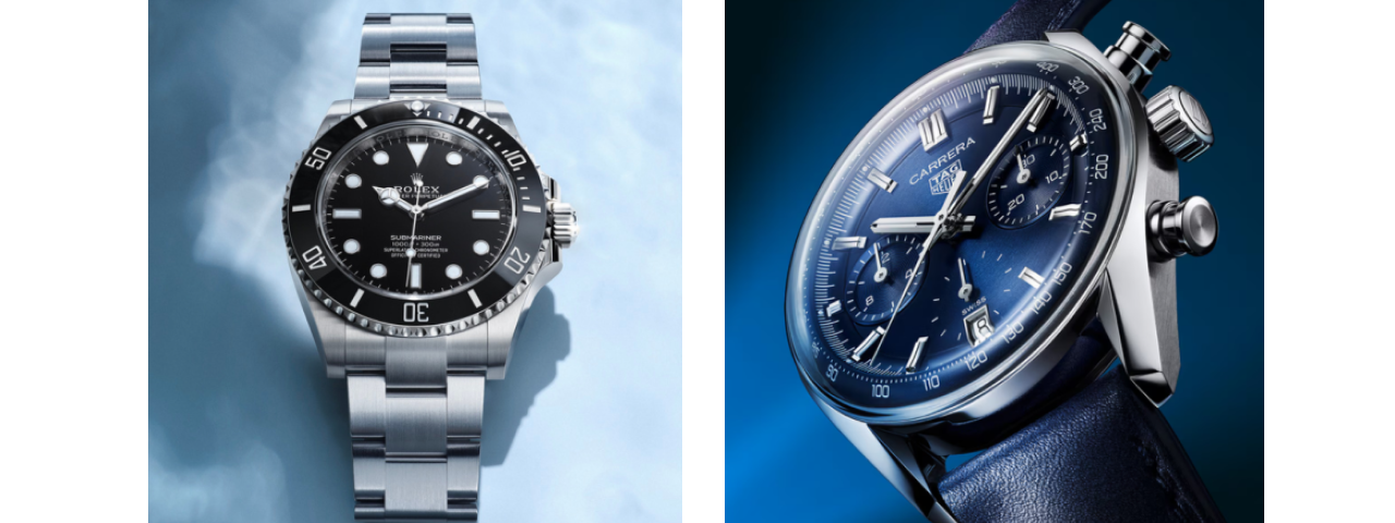 Two images of luxury watches: one showcasing a Carrera watch known for its sporty elegance, and the other featuring a Rolex, renowned for its classic sophistication.