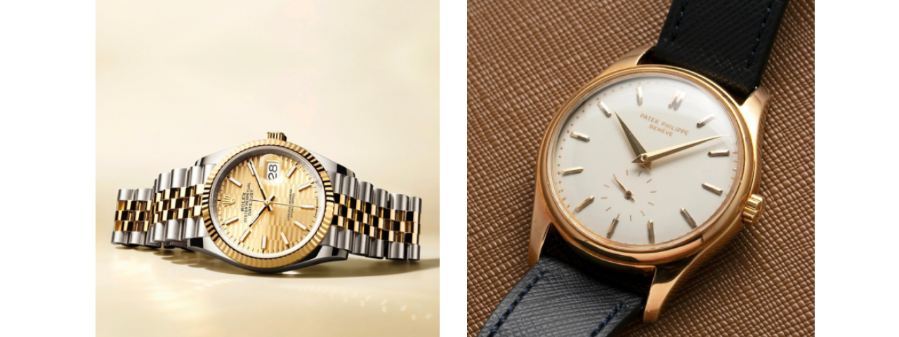 Two images of watches: one featuring a sleek silver metal strap and the other showcasing a dark leather strap, highlighting distinct styles