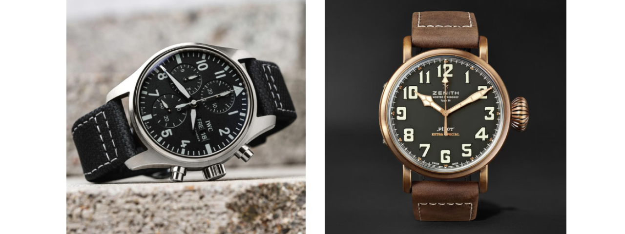Two images of luxury watches: one featuring an IWC watch known for its precision and craftsmanship, and the other showcasing a Zenith watch celebrated for its innovative design and performance